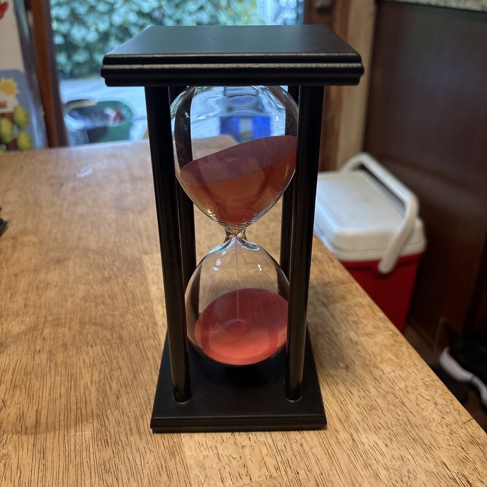 60 Minutes Hourglass Wood Sand Timer Light Red Sand Black Frame 8in x 4in